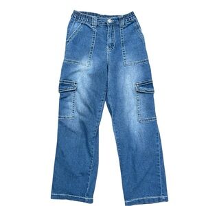 ALMOST FAMOUS S blue faded cargo wide leg contrast stitch Y2K high rise jeans